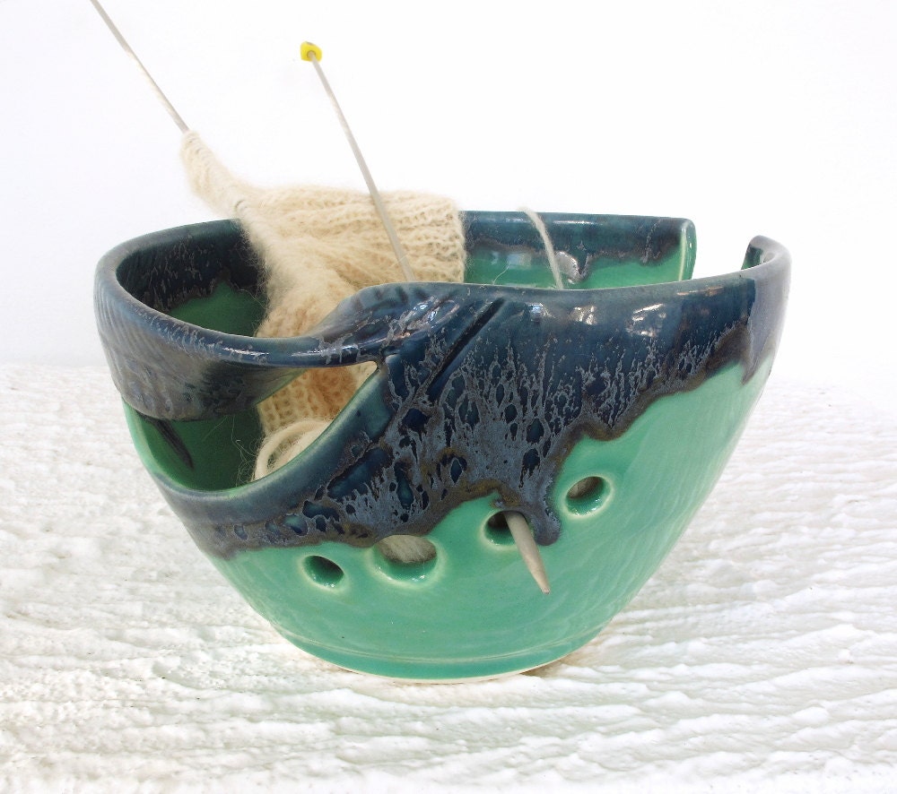 Ceramic Yarn Bowl, knitting bowl, Crochet Bowl, H Handmade Pottery Vessels, Mint Green Blue Twisted Leaf Large Home Decor Housewares