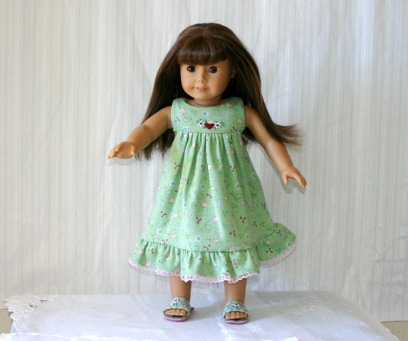 Doll Nightgown/Slippers, fits 18-inch American Girl Doll, Interlock Cotton Knit, Ladybugs,  Flowers & Hearts
