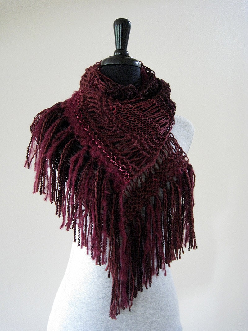 Garnet Star Handknitted Lacy Scarf with Fringes - KnitsomeStudio