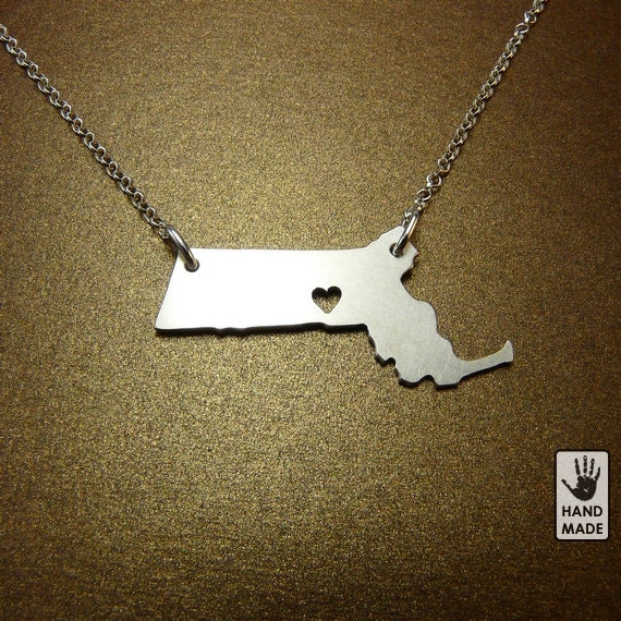 MASSACHUSETTS State  : silver pendant necklace, sterling silver chain, custom heart