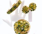 Vintage Bracelet Brooch Earrings Set Green Art Glass Parure Signed ART