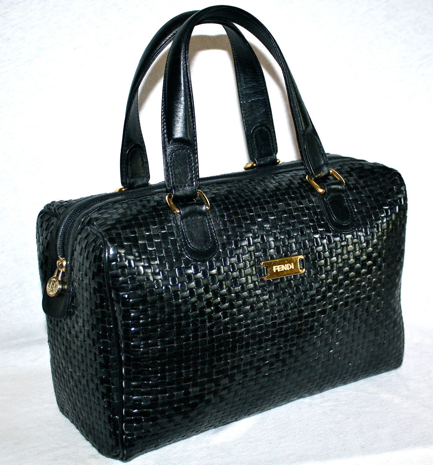 Vintage FENDI Speedy Tote Black Woven Leather Large Doctos Bag -AUTHENTIC-