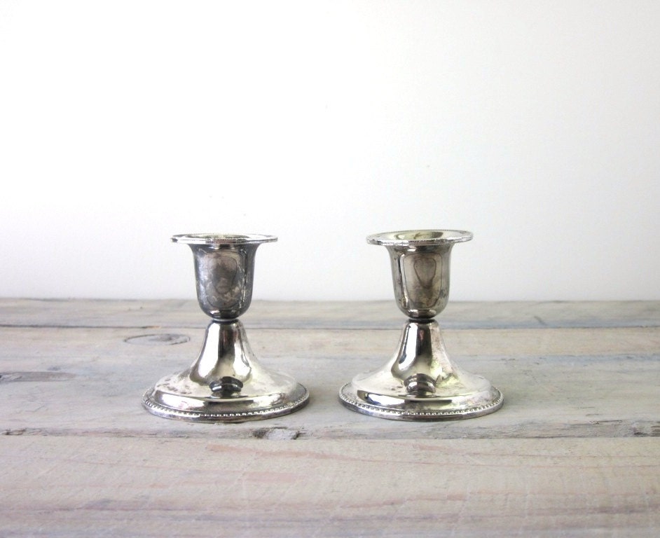 Pair of Silver Plate Candle Holders with Beaded Trim