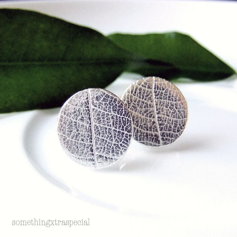 Silver Leaf Round Earrings, Skeleton Leaf  Post Stud Tiny Wedding
