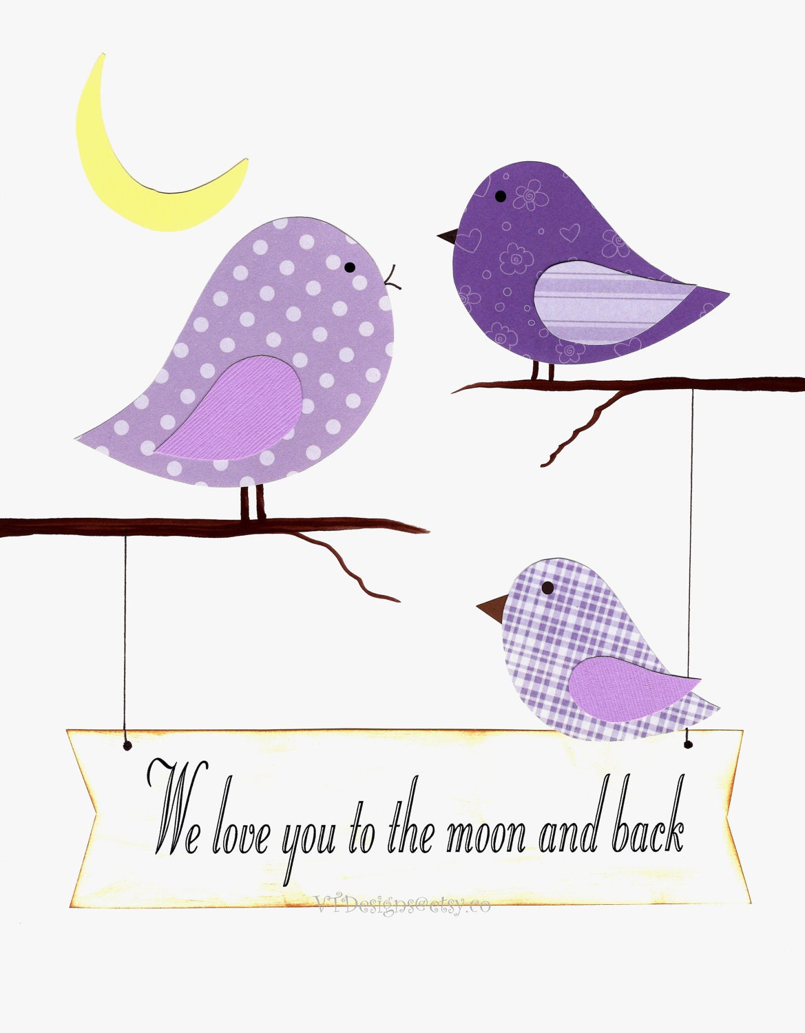 Kids Wall Art, Nursery Art, Baby Girl Room Decor, Birds, Purple, Lavender, We Love You To The Moon and Back, 8x10 Print