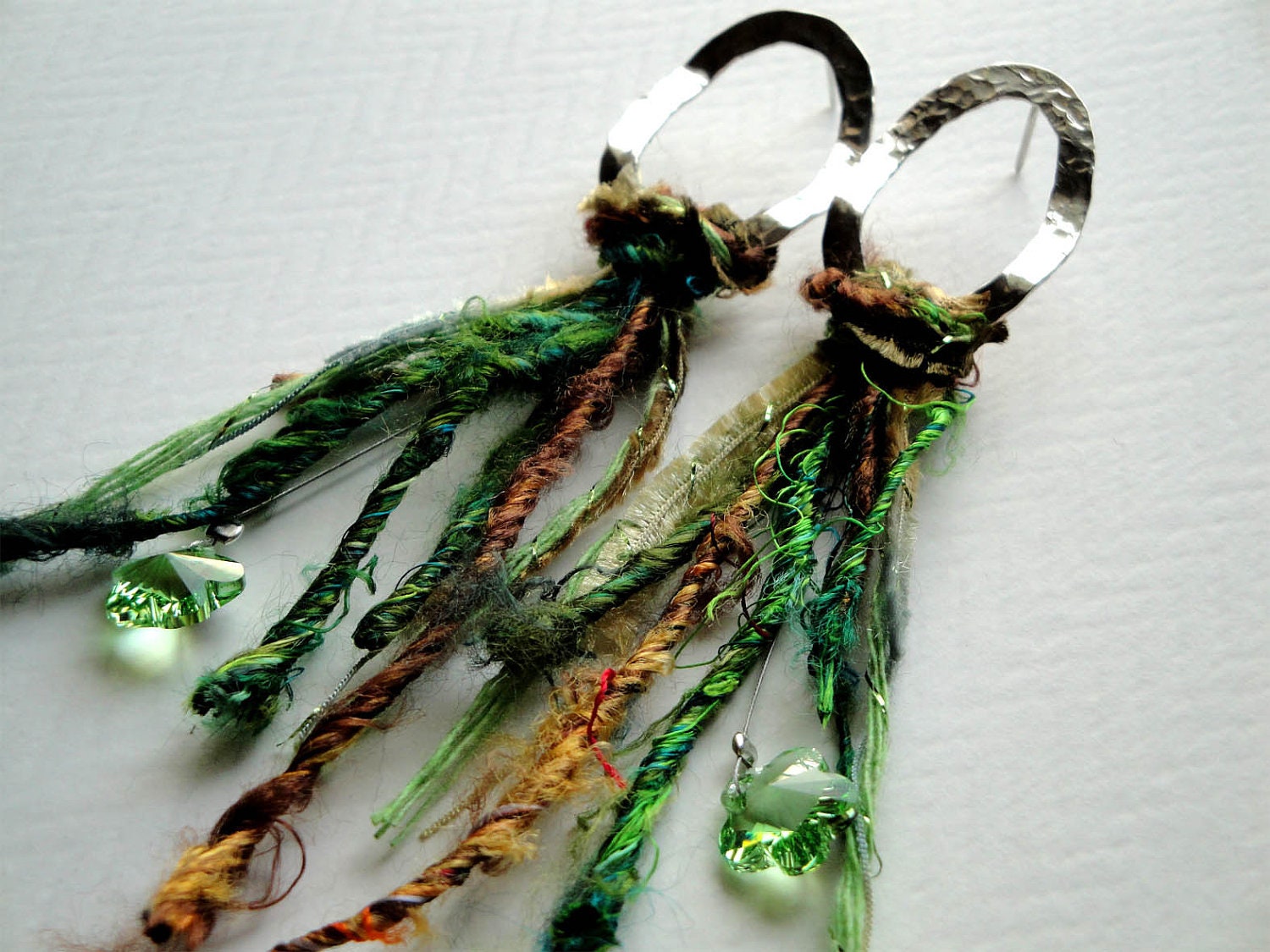 sterling silver earrings silk yarns green swarovski flower