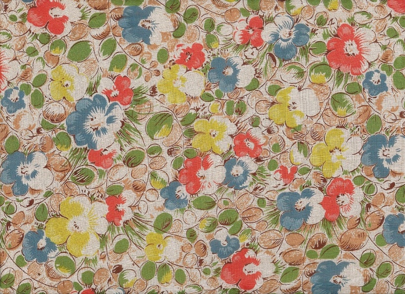 40s Fabric / Overall Floral Print / Teal Lime Peach Beige / 37" x 3.25yds