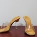 70s Lucite Mules Pumps Tan Nude Suede 6.5 Stiletto Heels Vintage Open Peep Toe 1970s