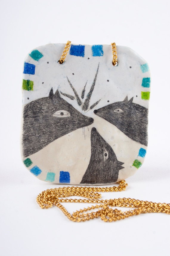 Clay Pendant and Drawing Necklace with Dogs - Three Good Friends - FREE SHIPPING