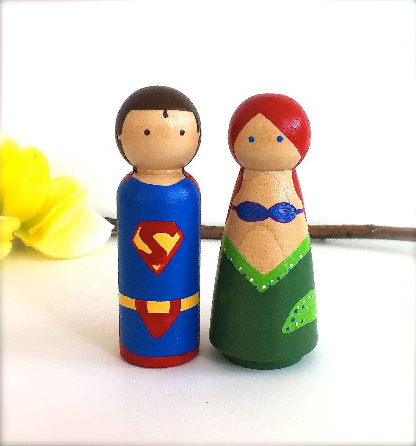 Custom THEMED WEDDING TOPPER A Little Mermaid and Her Superman Superhero Themed Cake Topper Peg Doll Comics Wedding Cake Topper Cake Topper
