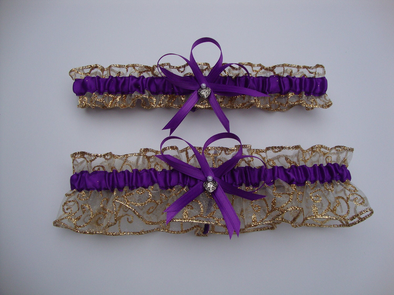 Glittery Gold and Purple Wedding Garter Set with Heart Charms