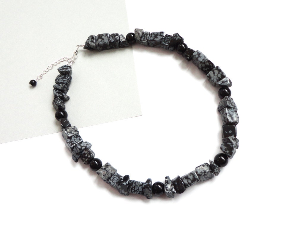 Chunky stone statement necklace large snowflake obsidian black onyx choker rocker ooak