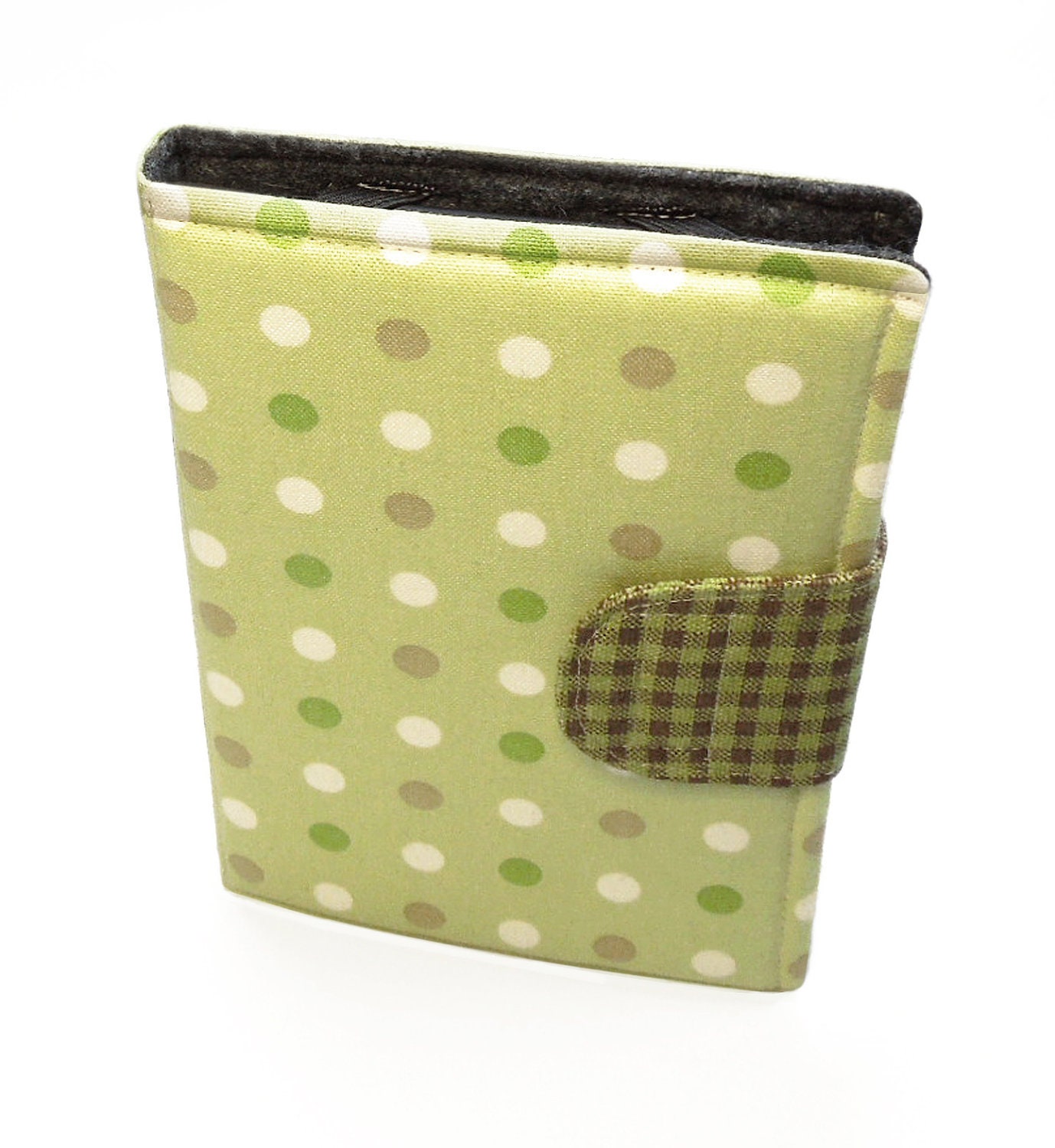 Book-style Kindle Fire (original) or Nexus 7 case cover sleeve - Polka dots gingham in green chartreuse, tan, brown, and white