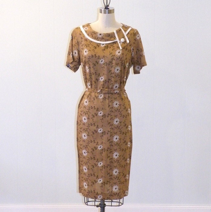 1960s Dress / 60s Dress, Brown Linen Flocked Floral Daisies Sheath Dress, Rhinestone Button Collar Accent, Belted Waist, Vintage Shift Dress