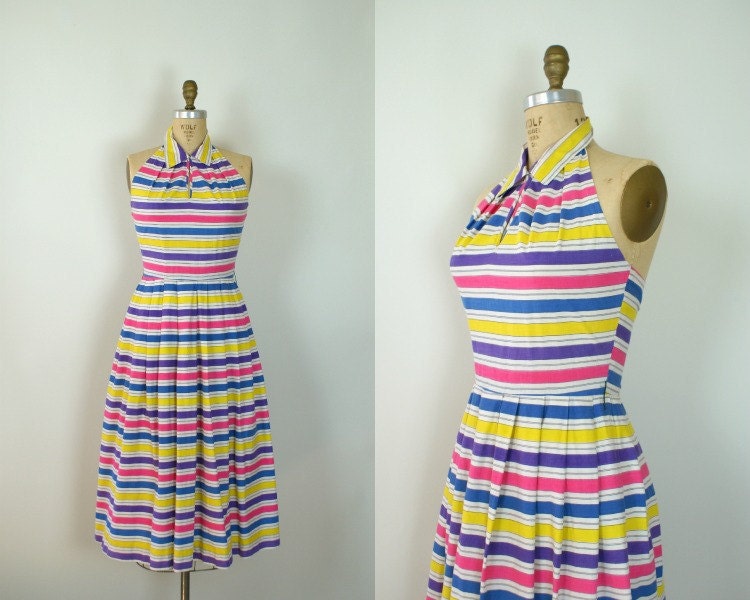 Vintage1950s Sundress -- 50s Summer Stripe Cotton Sundress -- Coney Island