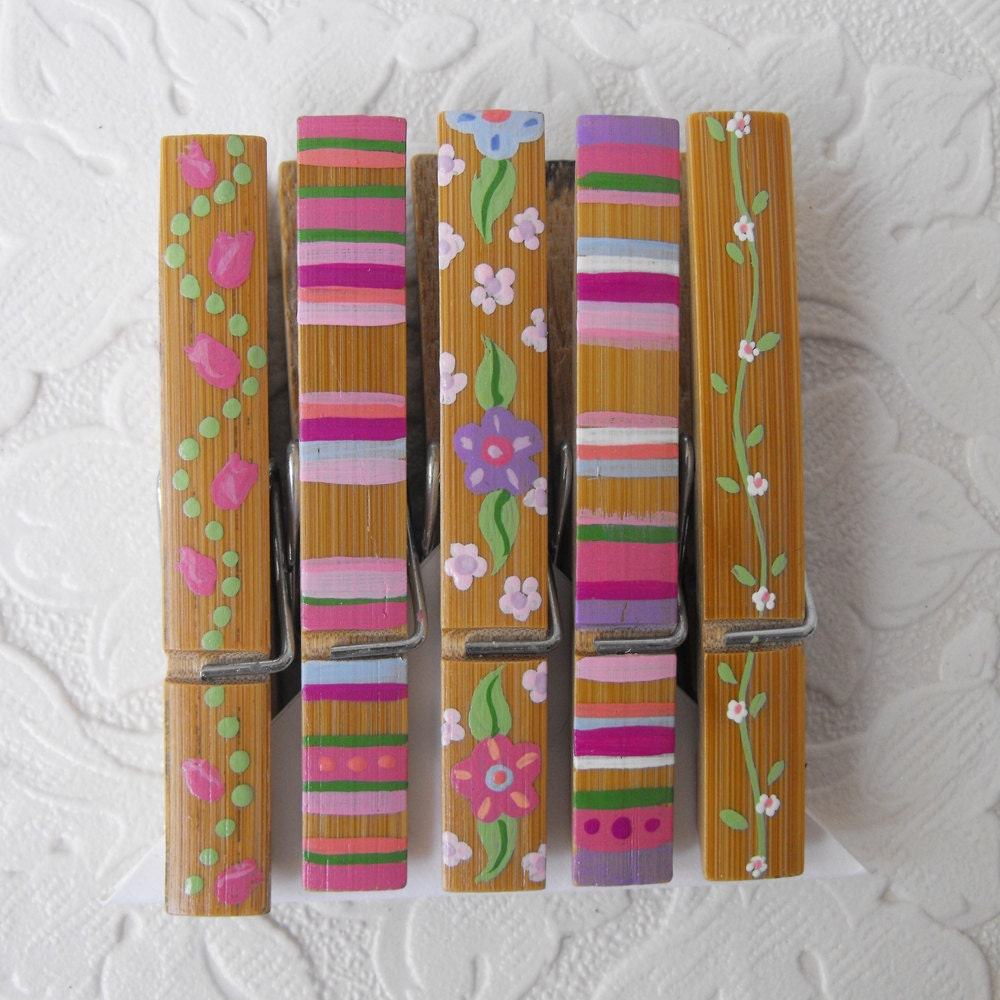 Clothespins - Set of 5 Decorative Hand Painted Bamboo Clothes Pin Clips - Many Practical Uses