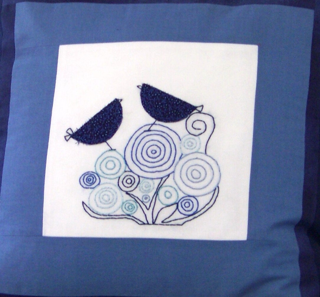 Blue Birds of Happiness Embroidered Pillow Cover