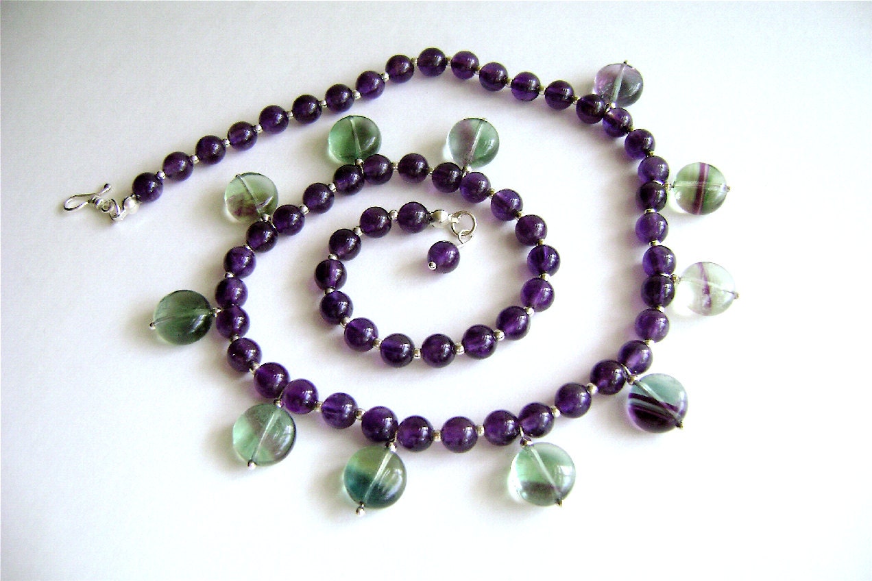 Amethyst Necklace, Gemstone Jewelry, Rainbow Fluorite, Sterling Silver, Purple, Violet, Teal, Phlox, Drops, Green, Lavender,