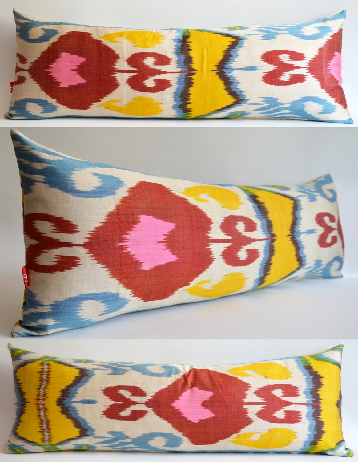 Sukan / Handwoven Original Back-Front Silk ikat Pillow Cover, Decorative pillow, Organic pillow, long bolster pillow, ikat bolster pillow,