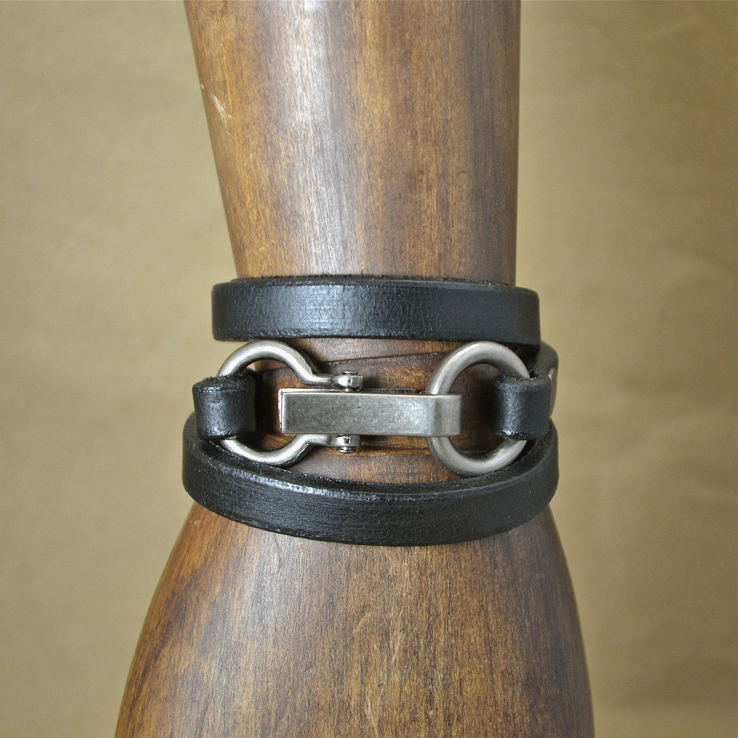 Black Leather Wrap Bracelet with Clip Closure