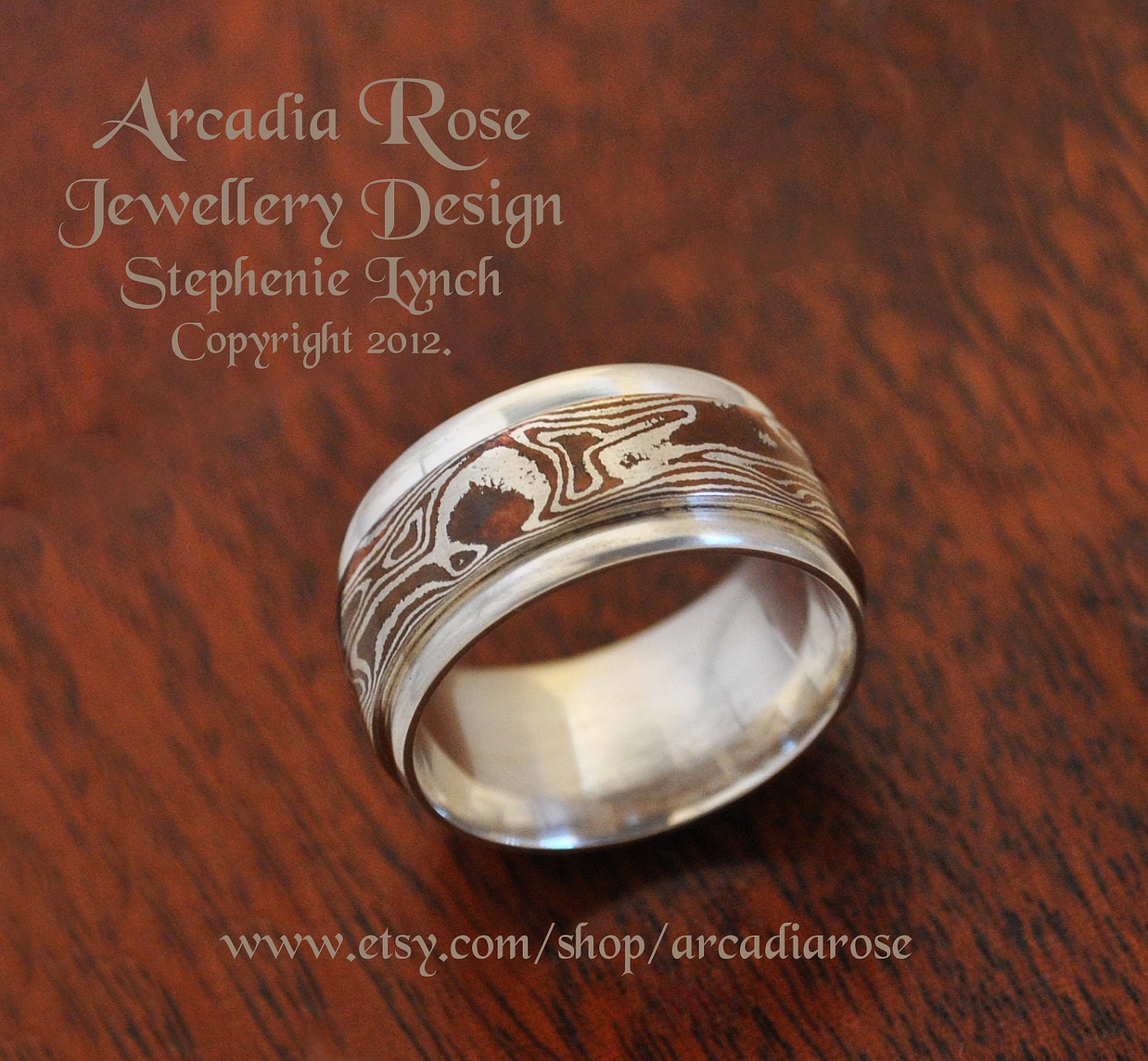 Mokume Gane Random Pattern Double Ring - Size 9 3/8 (U.S). Size S 1/2. Flared Fine Silver by Stephenie Lynch.
