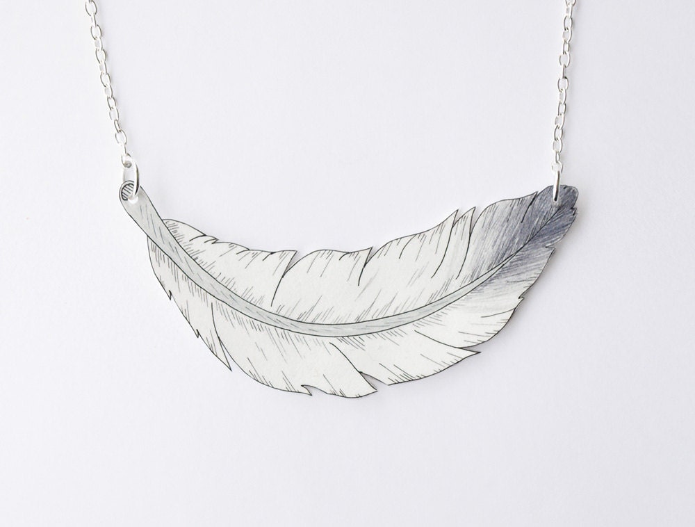 Hand Drawn Feather Necklace - Grey - Made To Order
