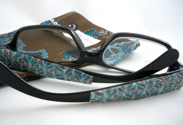 Embellished reading glasses blue and brown patterned polymer clay with case 2x power - HiGirls