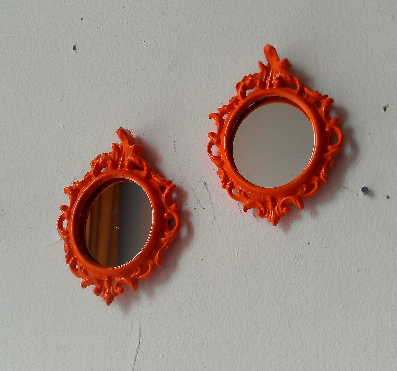Oval Wall Mirror Set - Tiny Vintage Brass Frames in Flaming Orange