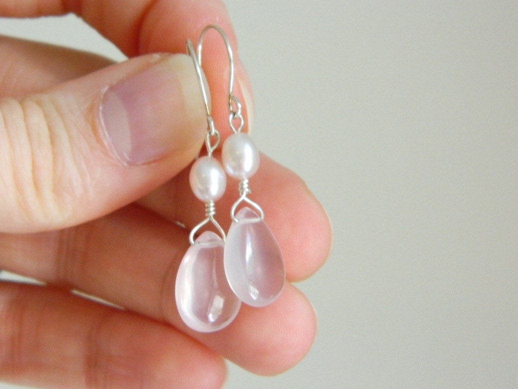 Katharine Earrings - AAA Pink Rose Quartz Polished Briolettes - Freshwater Pearls - Sterling Silver - Bridal Jewelry - Ready to Ship