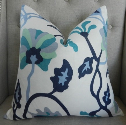 Alan Campbell for Quadrille Potalla Pillow Cover in Multi Blues on White - 18X18 - Pattern on the front