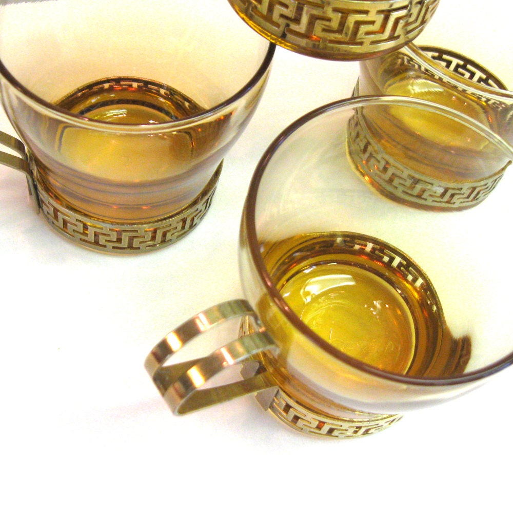 Vintage Amber Glasses with Brass Greek Key Handles - Set of 4 - 1960s - retro drinkware - barware - punch set - metal handles