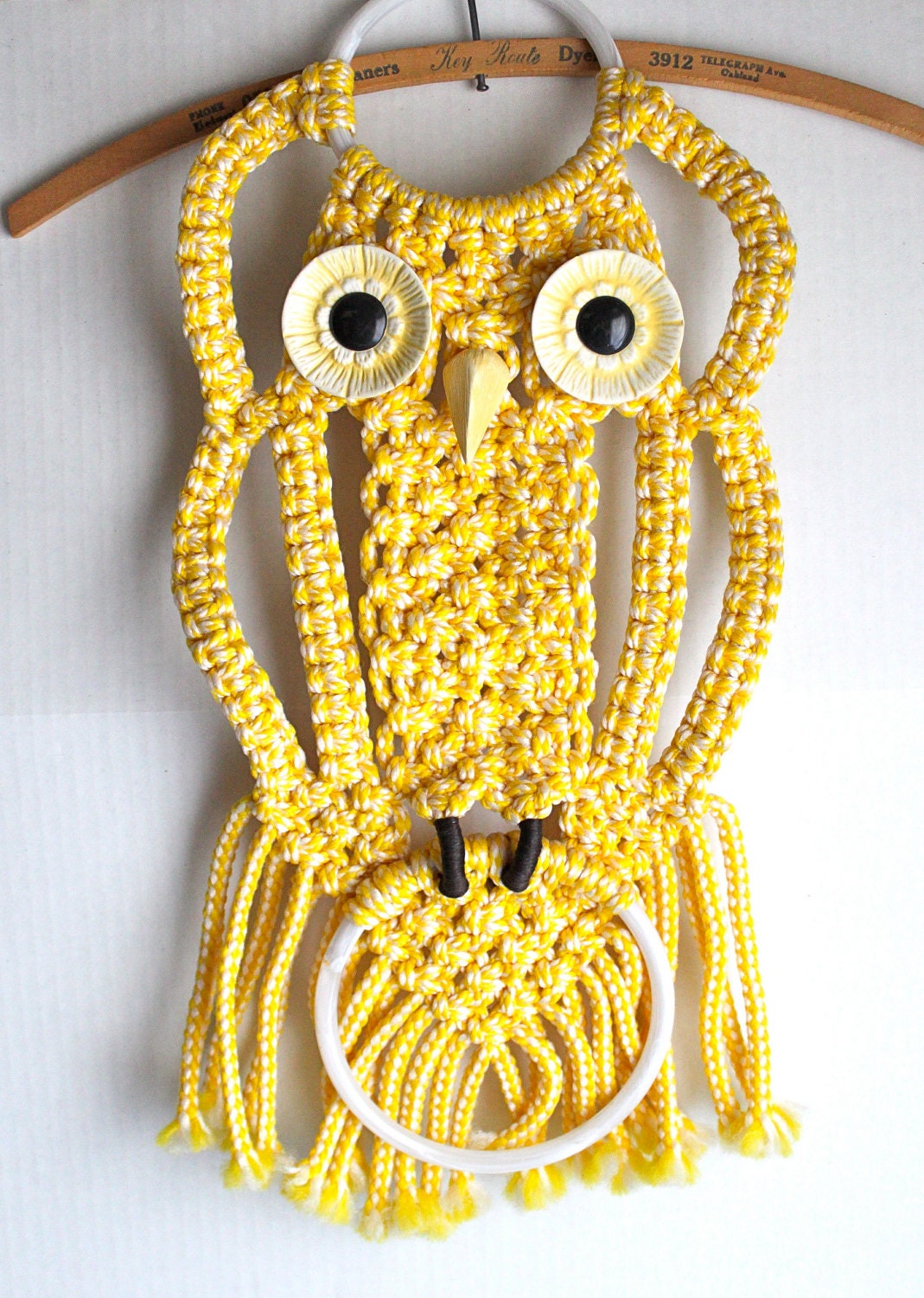 vintage macrame OWL towel rack // yellow wall hanging