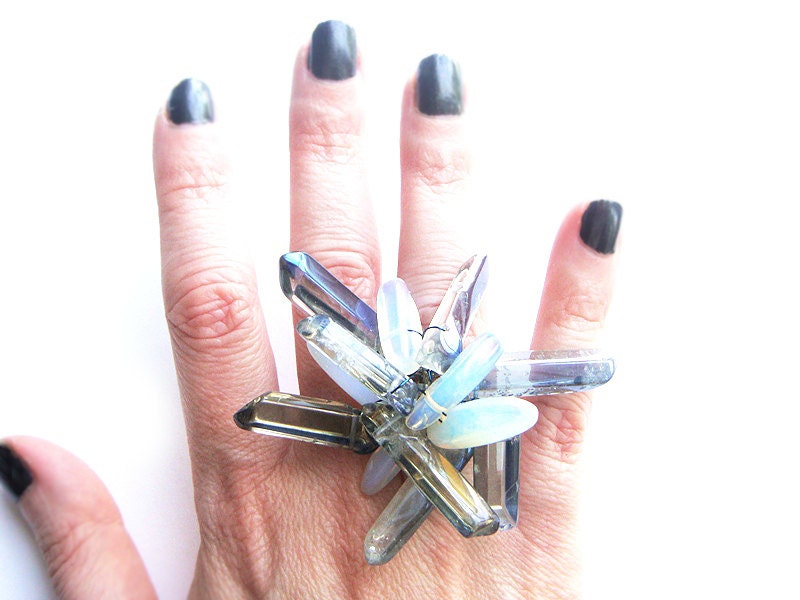 One of a Kind  Opalite and Blue Titanium Crystal Cluster Ring