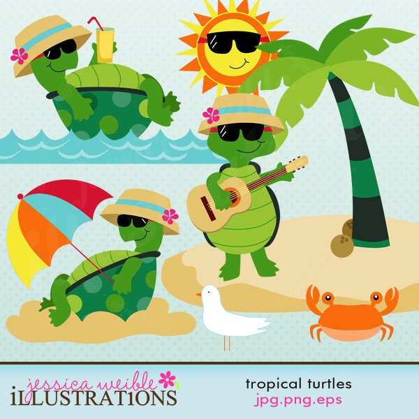 Tropical Turtles Cute Digital Clipart for Card Design, Scrapbooking, and Web Design Il_570xn