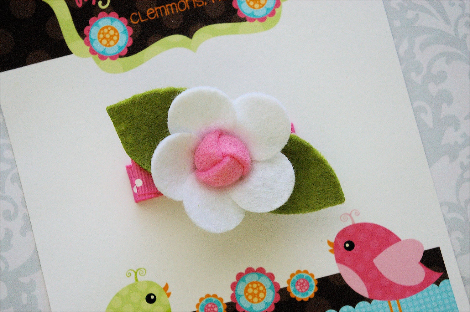 Felt Flower Hair Clip in White and Pink - Flower Hair Clips