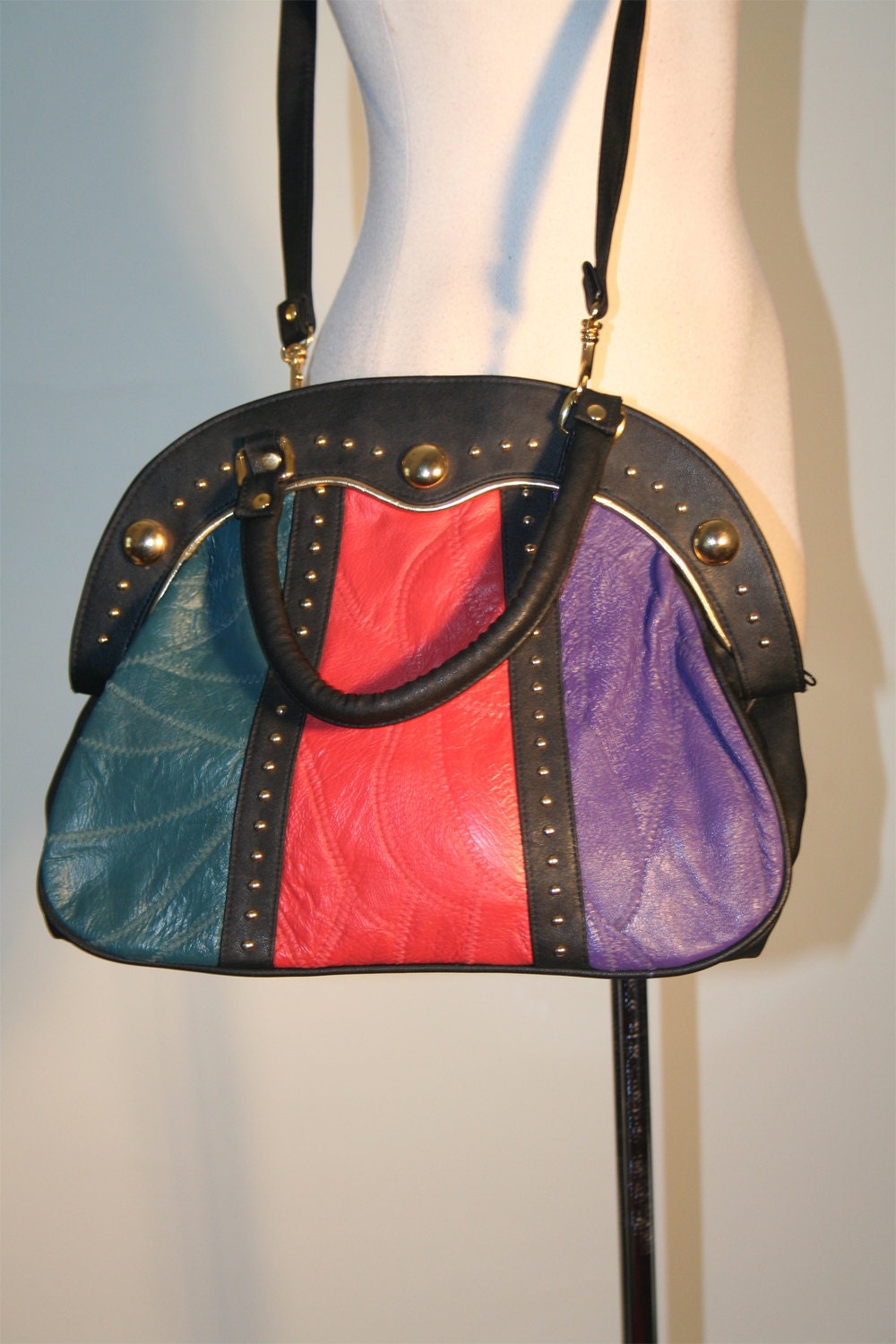 80's Vintage Funky Colorblock Studded Handbag Shoulderbag Cross body