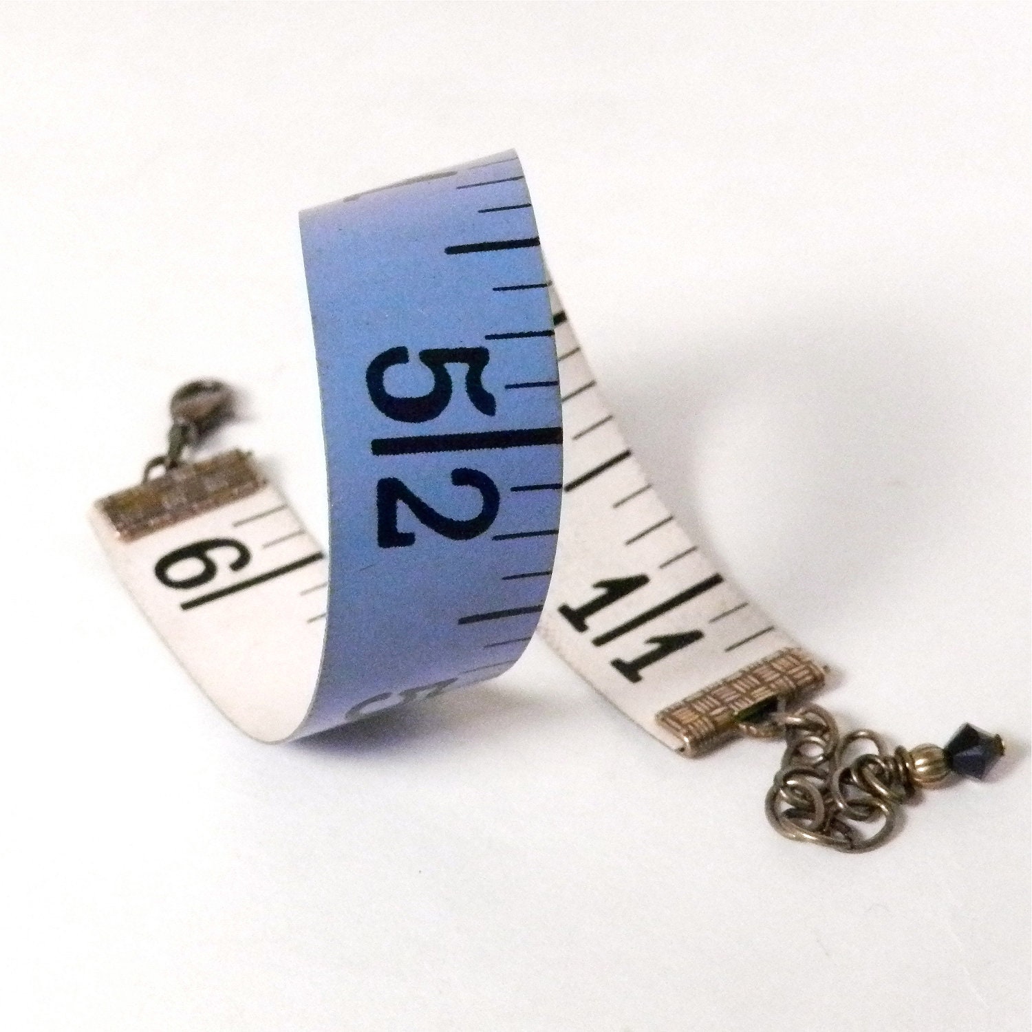 Vintage Measuring Tape Bracelet - Reversible - Blue & White - Antique Brass