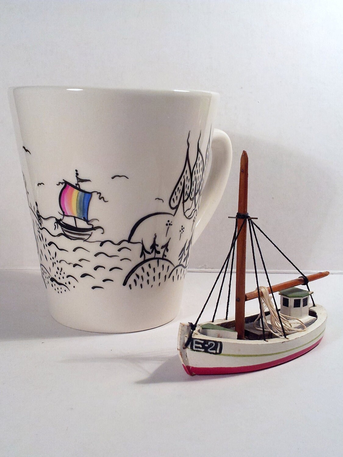 Handpainted Ceramic Coffee Mug / Decorative Ceramic Art / Happy Little Day / The Rainbow Ship / Illustration