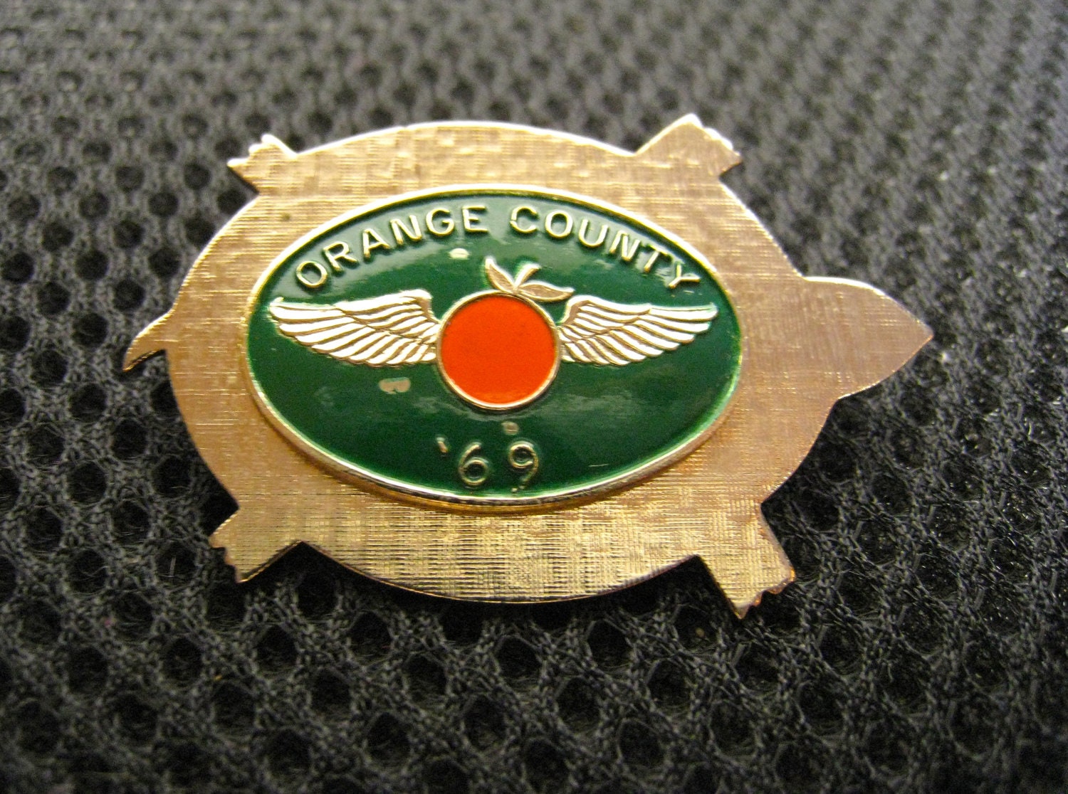 Turtle Pin from Orange County 1969, Orange Fruit with Wings on Green Background
