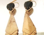 Chevron Vintage Gold Metal Black Glass Pear Shaped Earrings