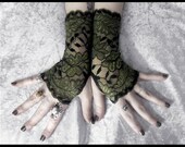 Aibreann Lace Fingerless Gloves - Dark Fern Green Leaf Black Gold Highlight - Gothic Vampire Lolita Wedding Fetish Tribal Goth Gypsy Moss