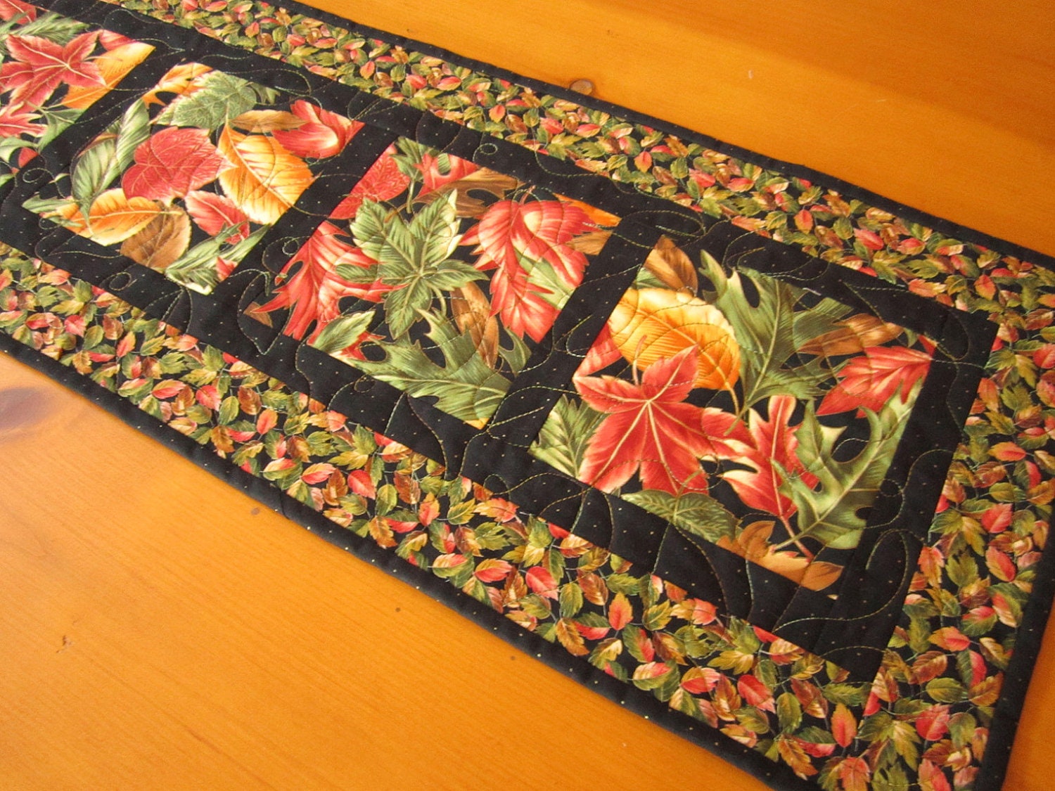 Quilted Handmade Table Runner Leaves