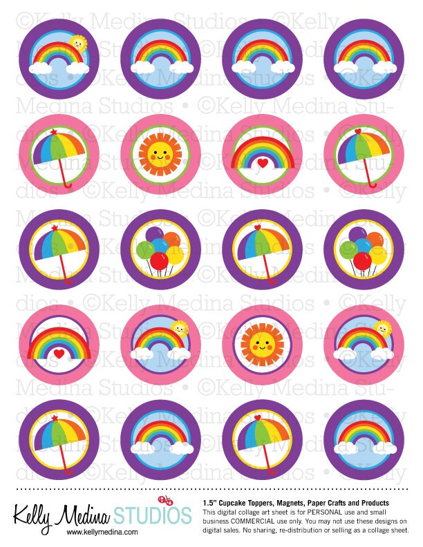 Rainbow Pink and Purple - 1.5 inch Circle Digital Collage Sheet - Commercial use for Cupcake Toppers, Magnets, Paper Crafts and Products