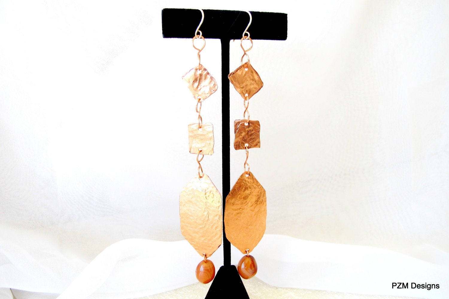 Extra long earrings, hammered copper dangles, modern metal jewelry, gift under 40
