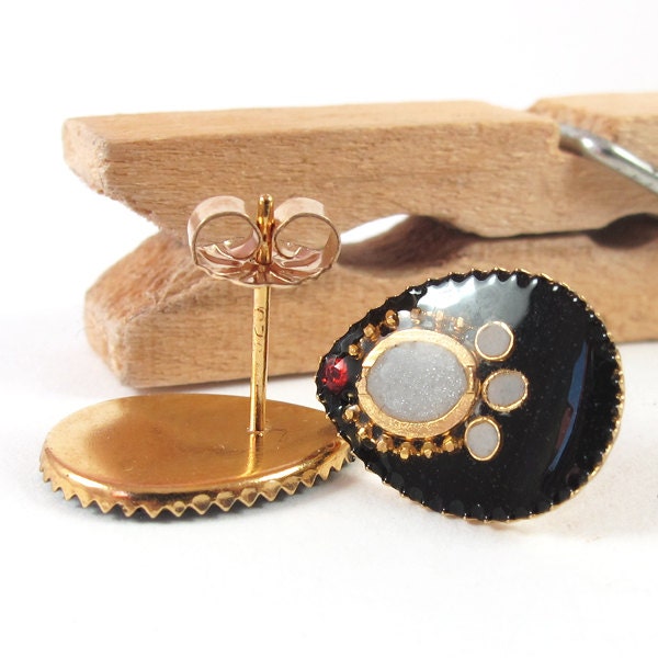 Black studs earrings, Gold drop post Earrings -- black and white resin, sterling silver post, Swarovski crystal, Onyx color