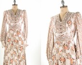 70s Brown Floral Bohemian Maxi Long Hippe Dress Medium