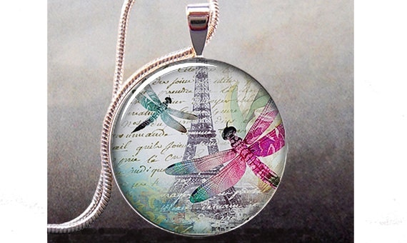 Dragonflies in Paris necklace charm, dragonfly jewelry, Paris honeymoon, anniversary gift