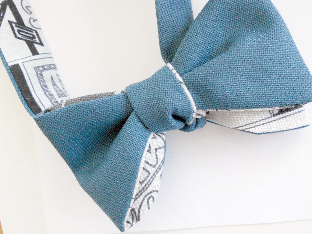 Teal and Grey Reversible Bowtie-Self Tying-Freestyle-Adjustable-Handmade