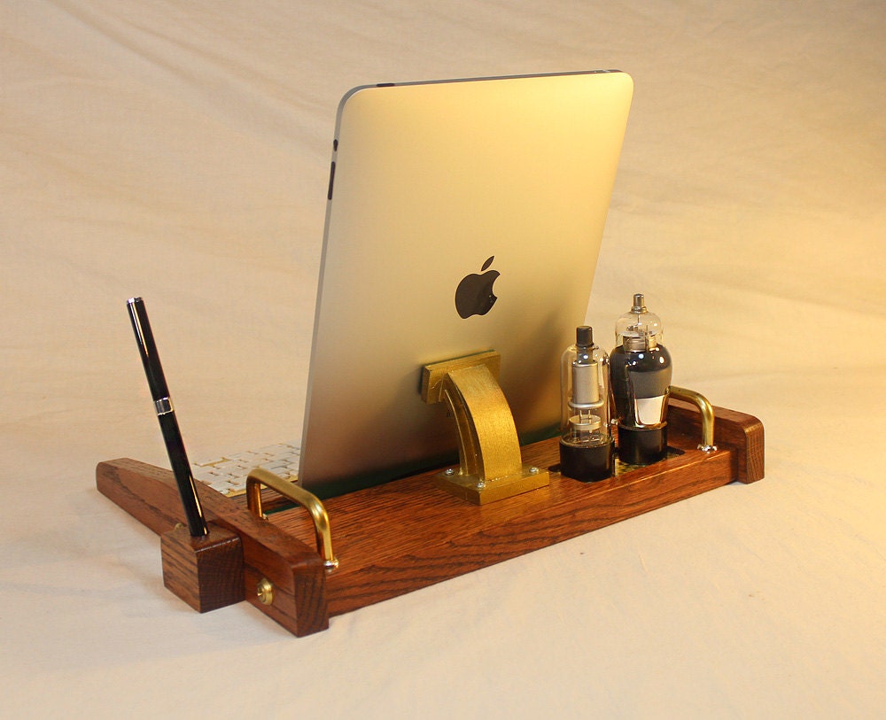 iPad Tablet Workstation - Keyboard - Tablet  Dock  - Tube Model Steampunk - Oak -  With Pen Stylist - Desktop Workstation