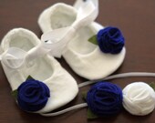 Baby Girl Shoes - White Mary Janes with Blue Felt Flower and includes BONUS matching Headband